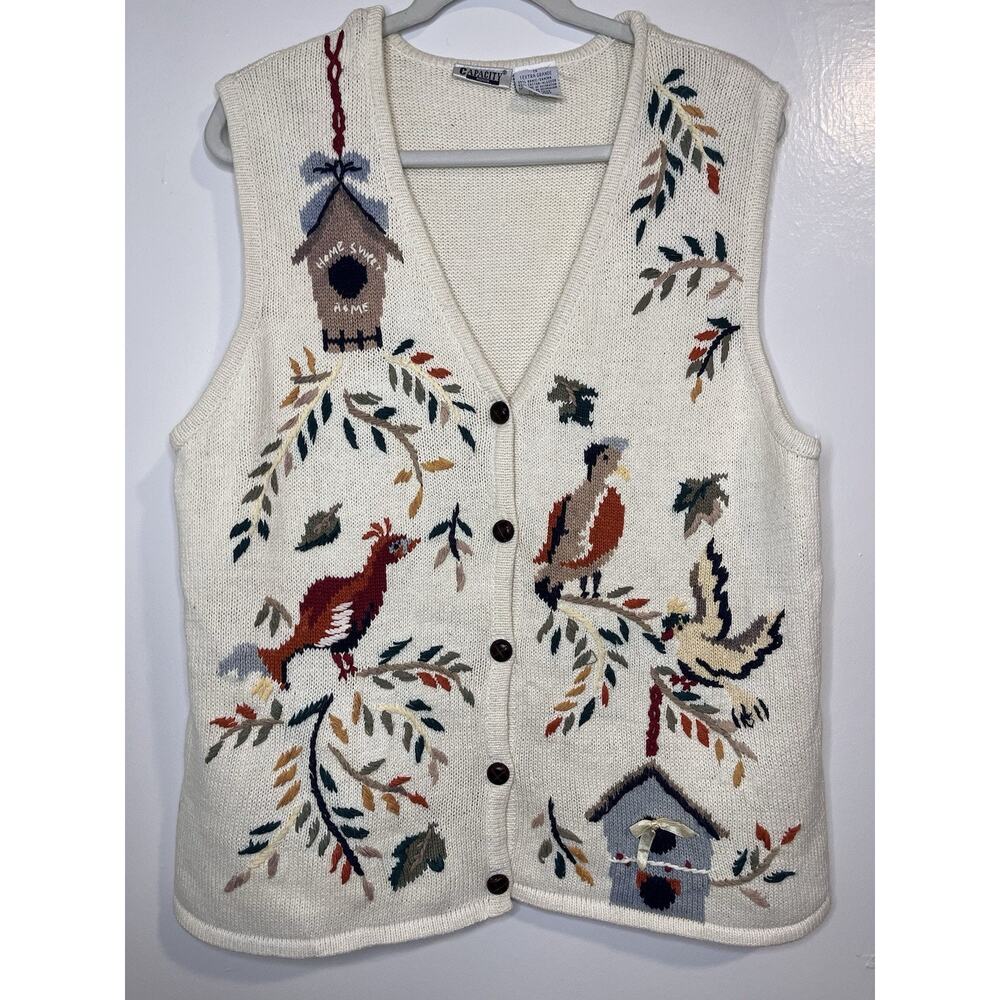 Capacity Woman Vintage Crochet Sweater Vest Top Size 1X Birds